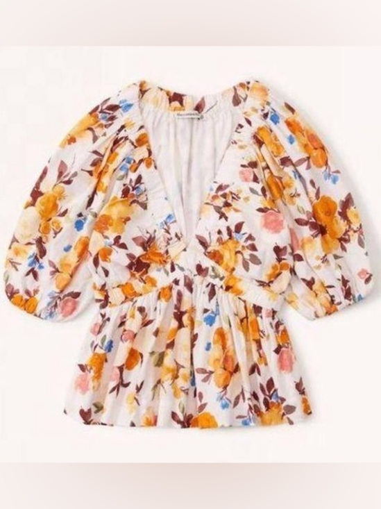 Abercrombie & Fitch Tops - Abercrombie & Fitch Cream Floral Puff-Sleeve Peplum Top with Yellow Accents